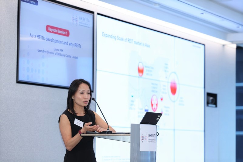 In a keynote session, Emma Pak, Executive Director of DBS Asia Capital Limited, addressed the audience on the development of REIT market in Asia. She emphasised the significance of Asia's growing REIT market and its potential for attracting investment and spurring economic growth.